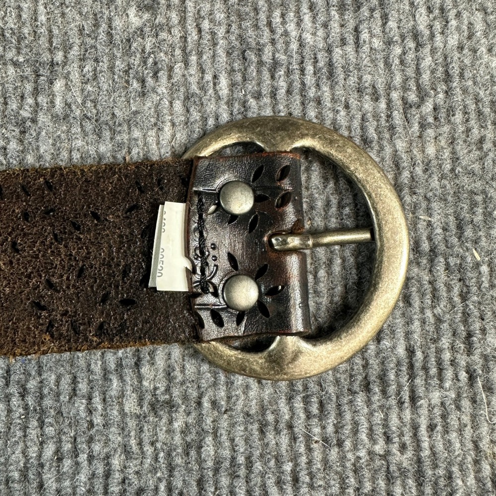 Dark Brown Perforated Floral Leather Belt Round Brass Buckle Boho Wide 40 Inch - Picture 6 of 11